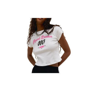 DAYDREAMER “RECORD BREAKER” POINTELLE RIBBED BABY DOLL TEE CAP SLEEVES SZ SM